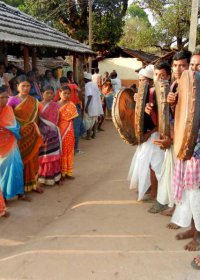 Ranjan Pradhan is dancing with changu in a Juang festival, Keonjhar